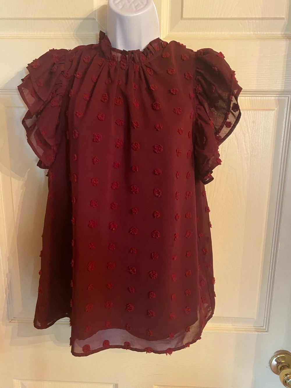 entro Burgundy Ruffle Sleeve Dot-Texture Blouse
